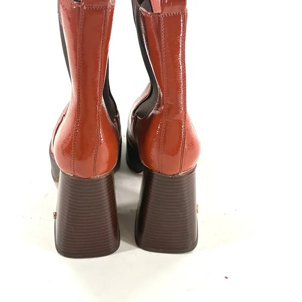 Sam Edelman Circus Stace Platform Booties 7 Cognac Brown Patent Ankle Boots